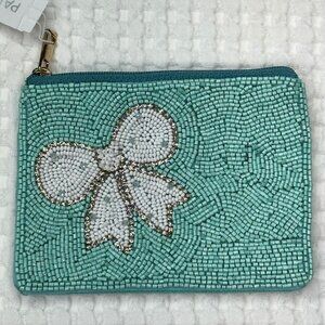Brand NEW Viral Beaded Teal/Aqua & White BOW Pouch